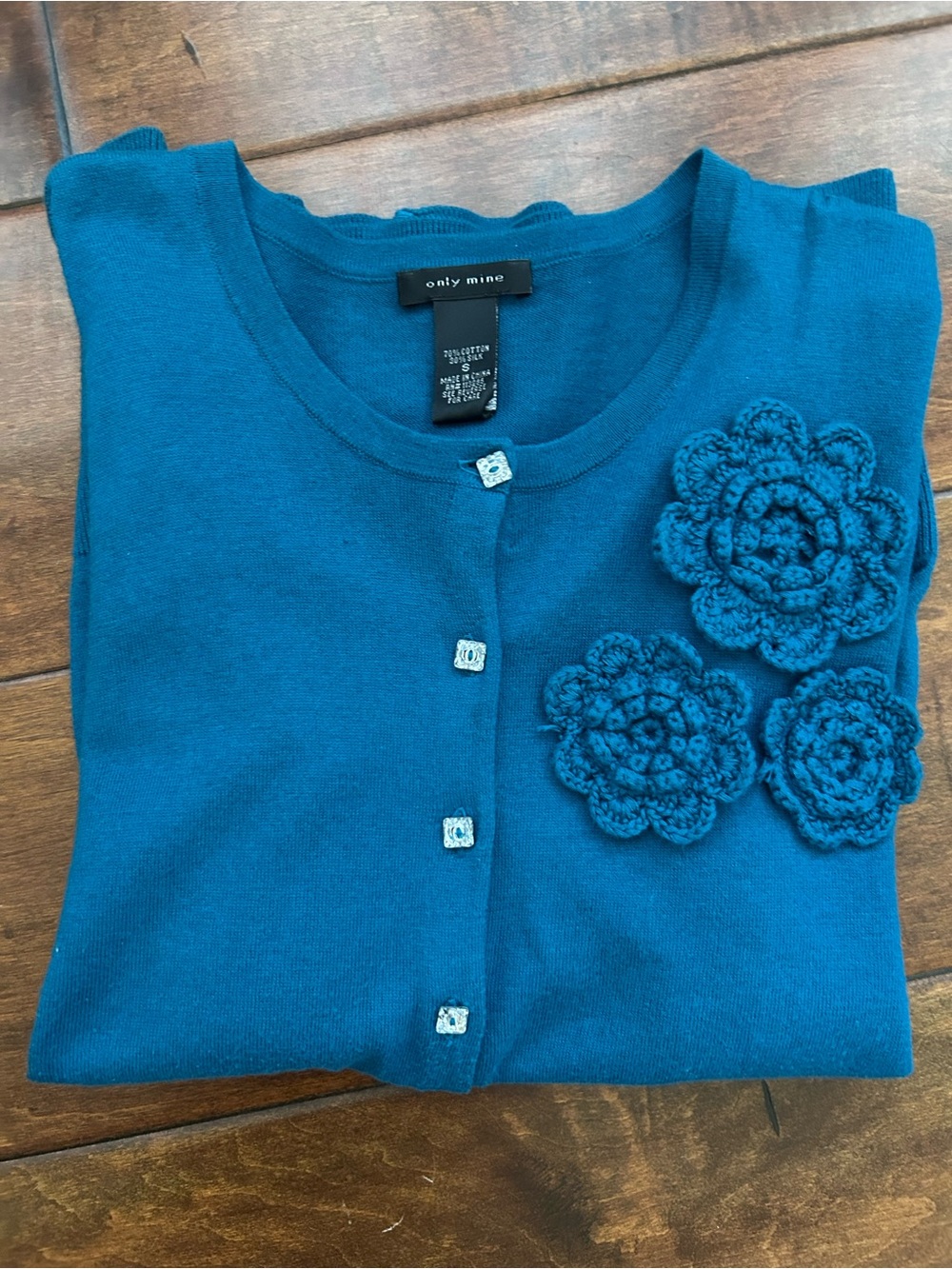 Only Mine (Size S) turquoise cardigan w/ crystal buttons and floral appliqué